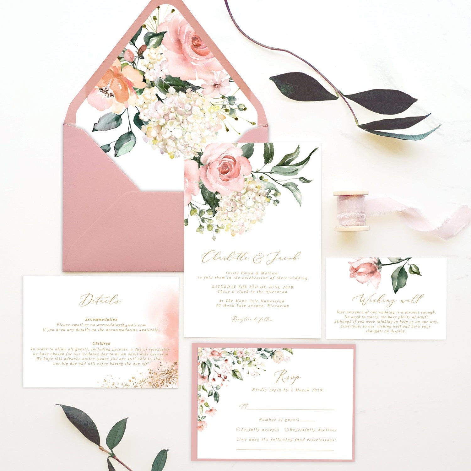 Blush Floral Wishing Well Card Template