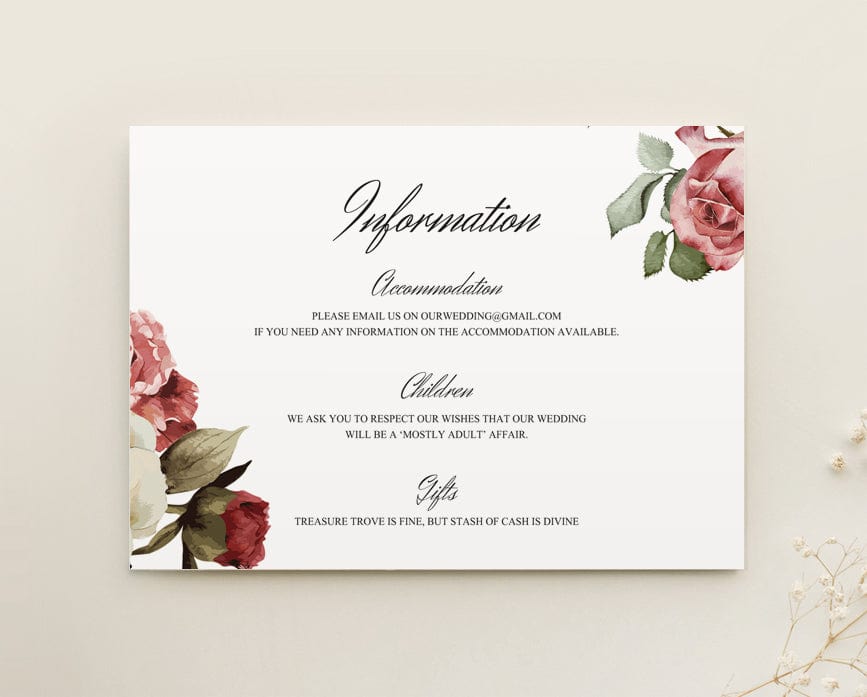 Burgundy Floral Wedding Details Card Template
