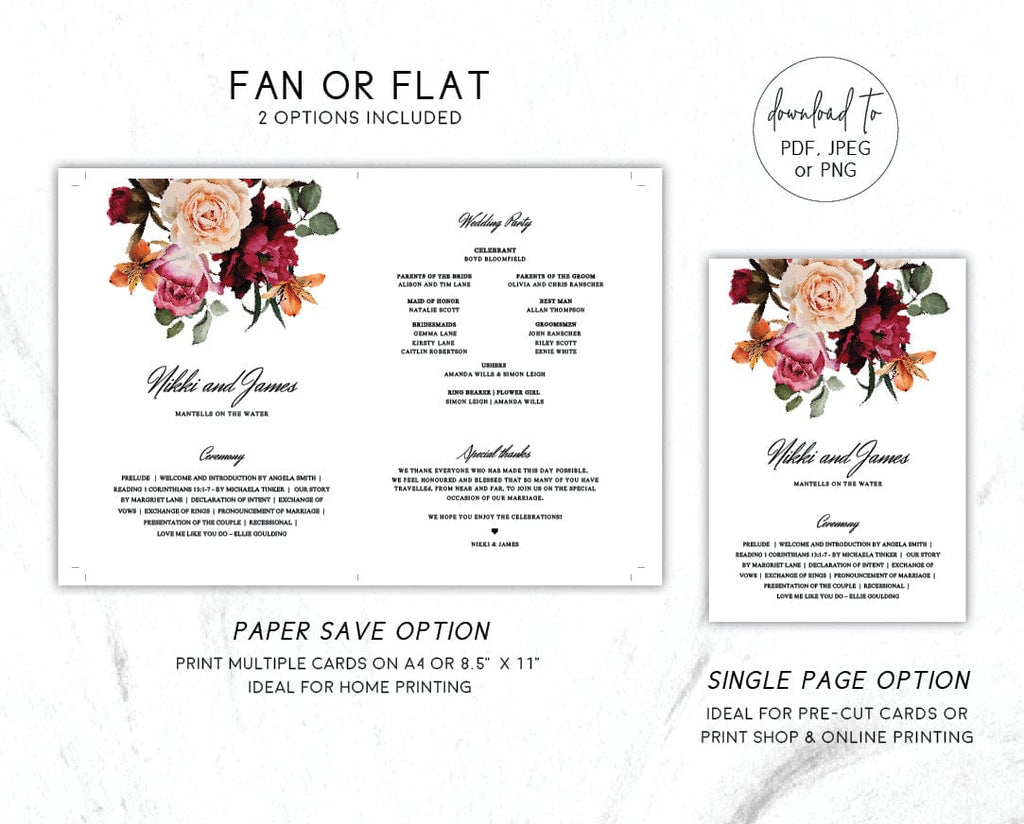 Burgundy Floral Wedding Fan Program Template