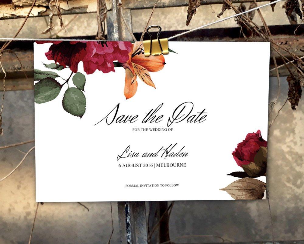 Burgundy Floral Wedding Save The Date Card Template