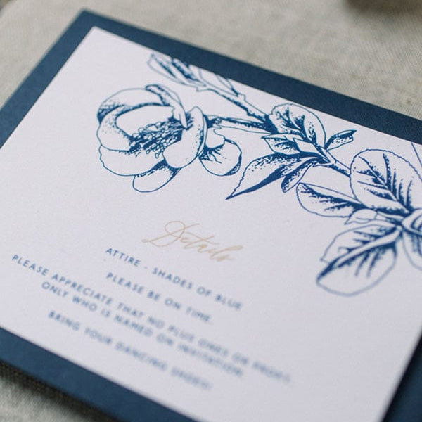 navy wedding details card
