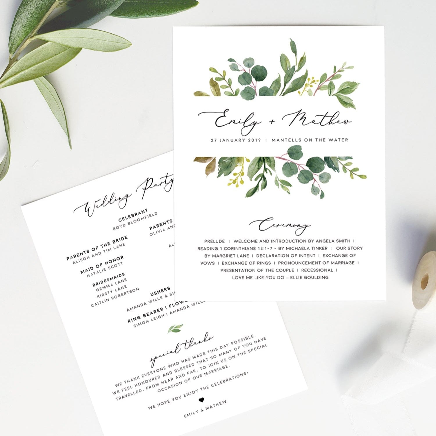 Greenery Wedding Fan Program Template