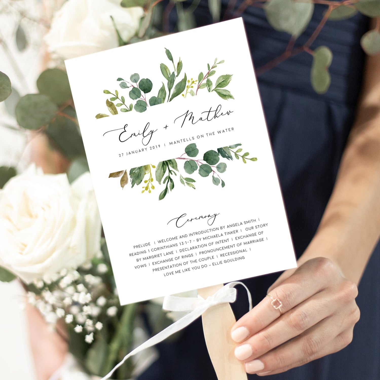 Greenery Wedding Fan Program Template