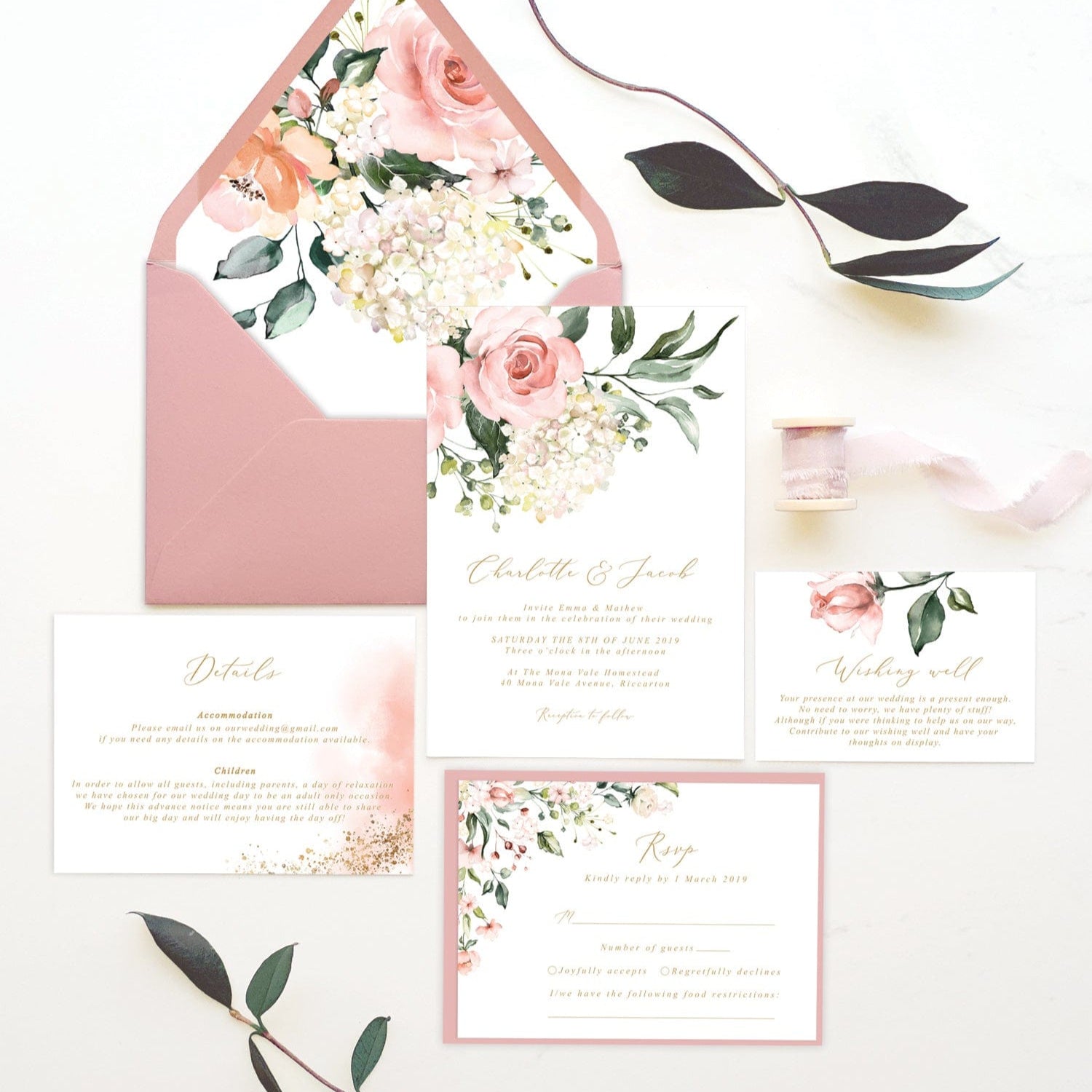pink white and green wedding invitation