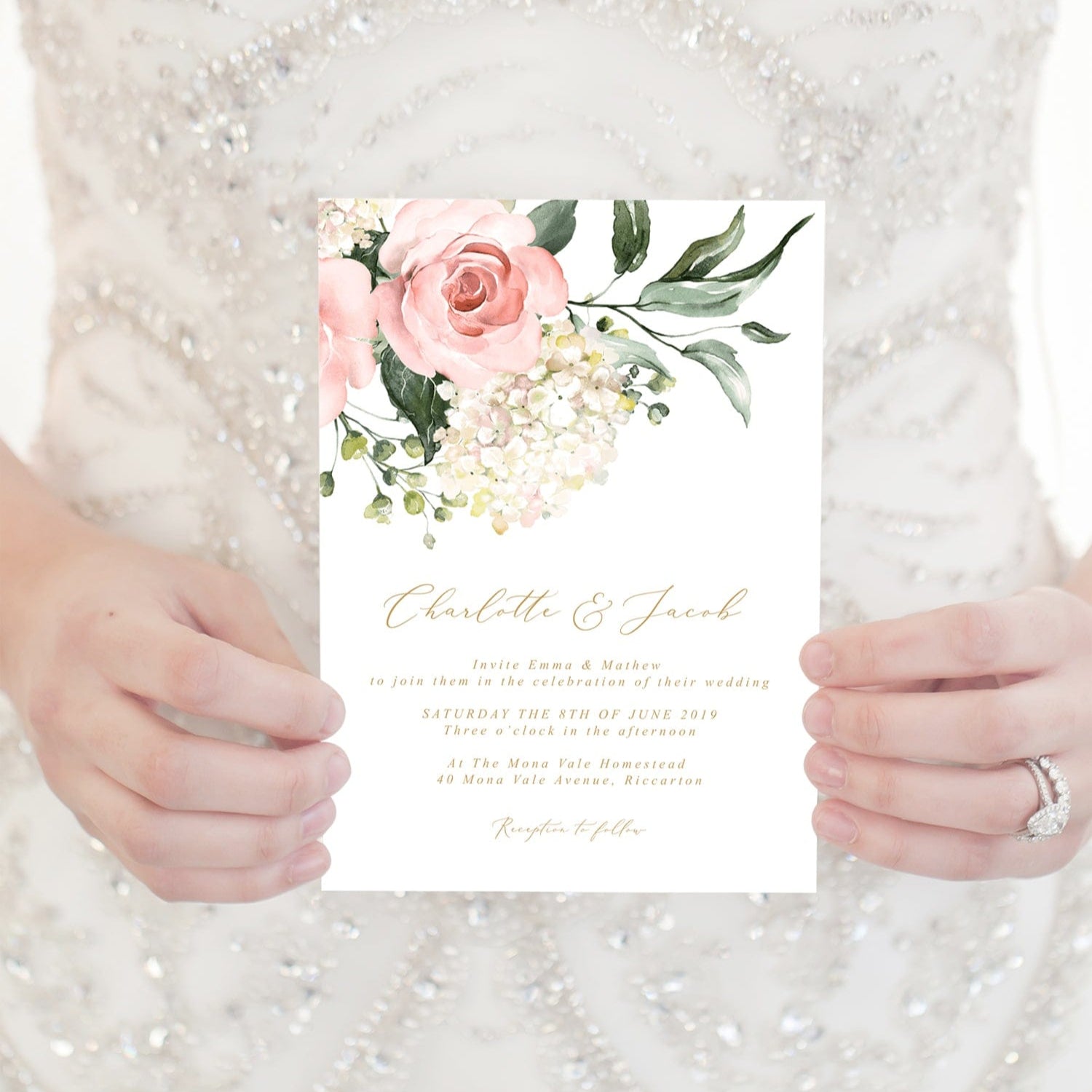 hydrangea floral wedding invitation