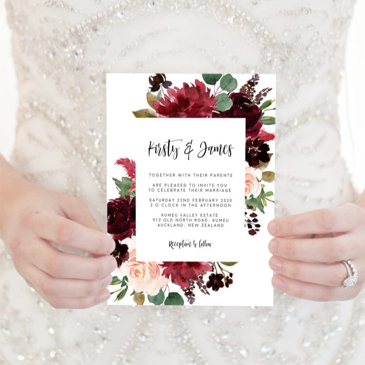 blush burgundy greenery wedding invitation