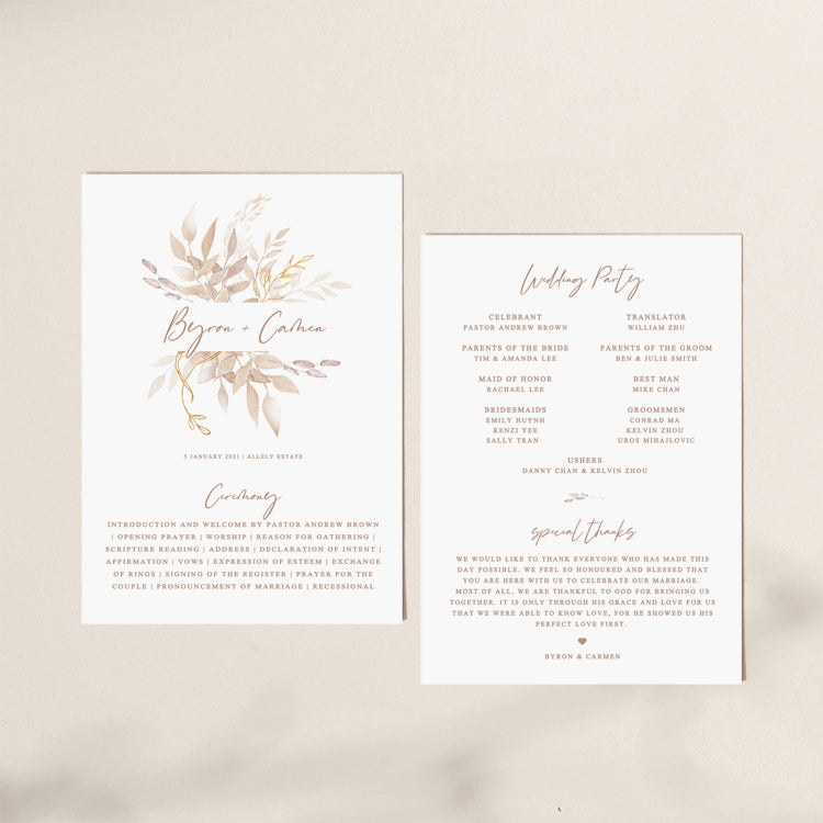 Boho Wedding Order of Service Card Template