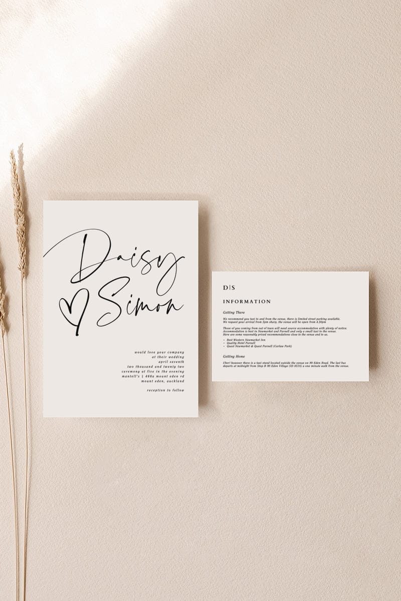 black and white invitation and details card