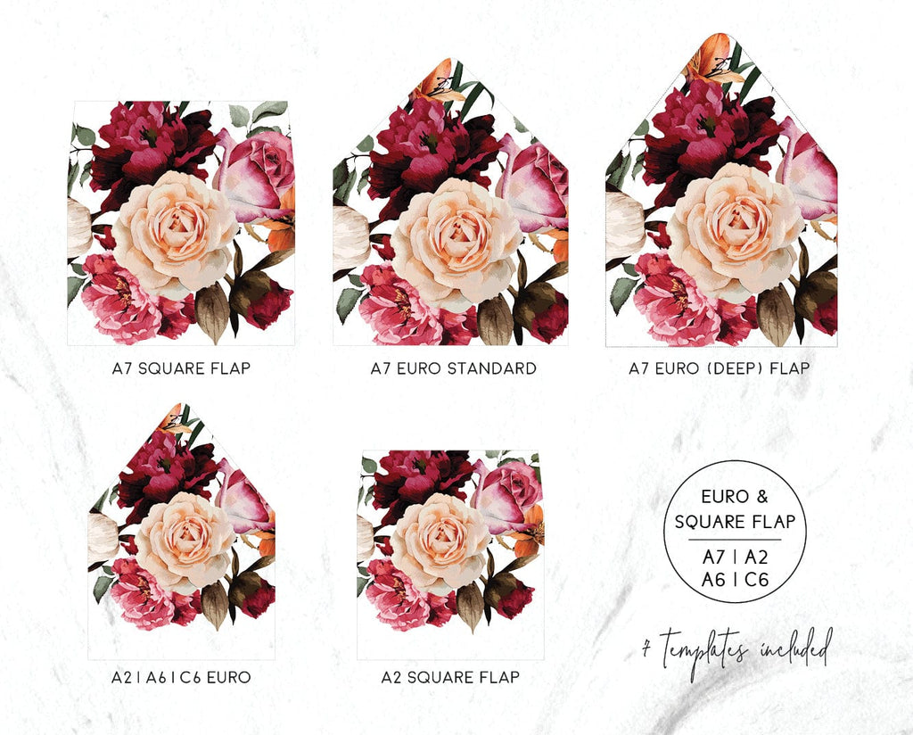 Burgundy Floral Wedding Envelope Liner Template
