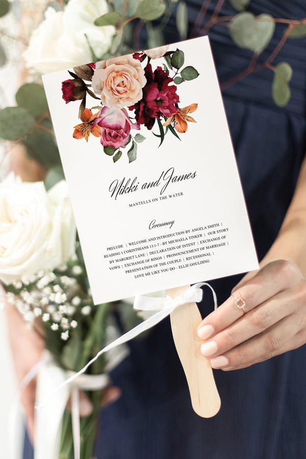 Burgundy Floral Wedding Fan Program Template