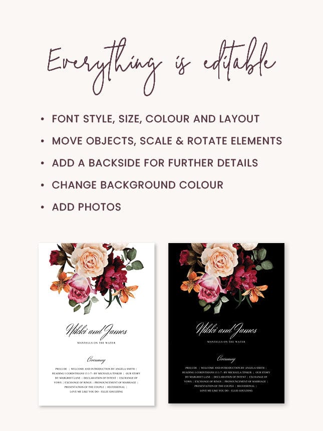 Burgundy Floral Wedding Fan Program Template