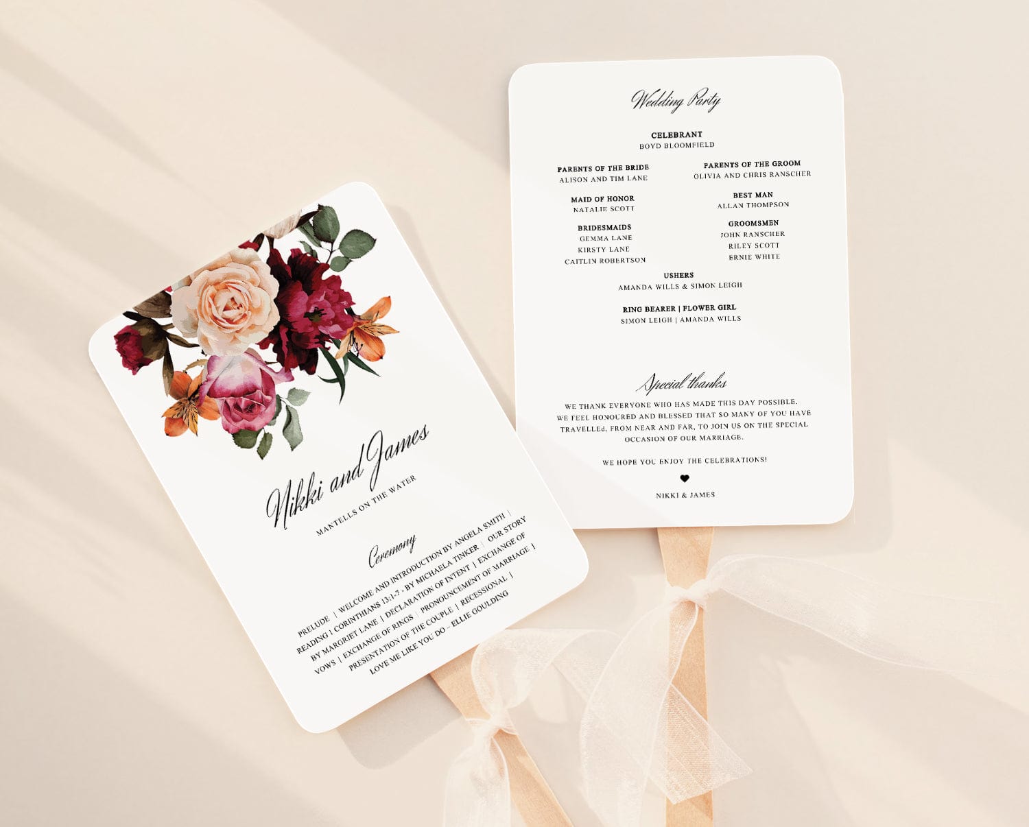 Burgundy Floral Wedding Fan Program Template