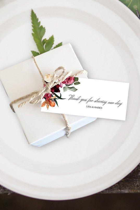 Burgundy Floral Wedding Favor Tag Printable Template
