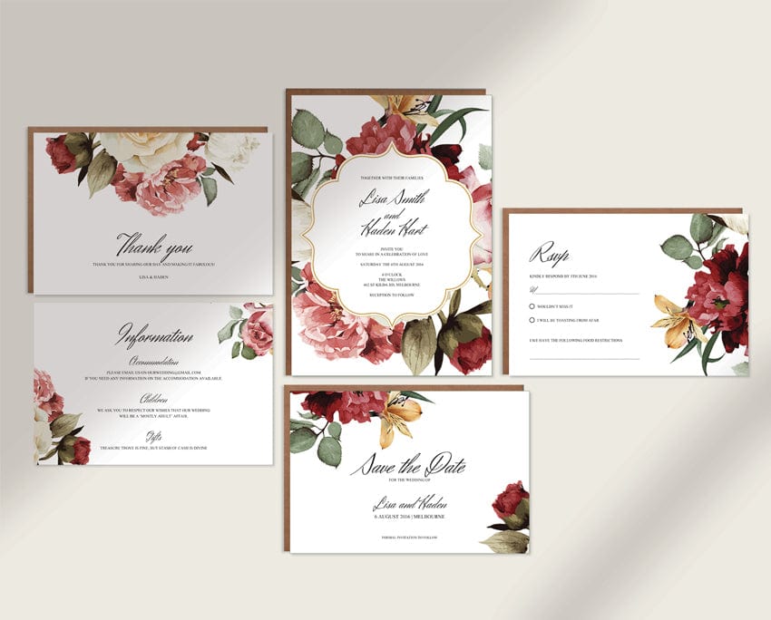 Burgundy Floral Wedding Invitation Set