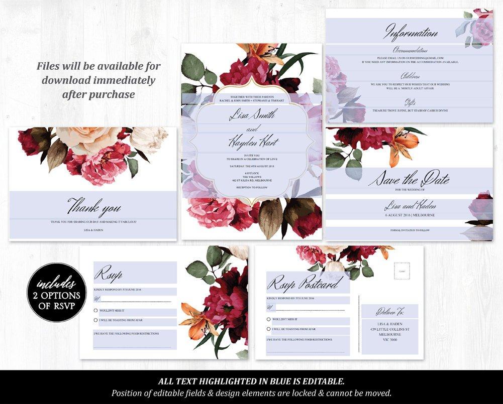 Burgundy Floral Wedding Invitation Set