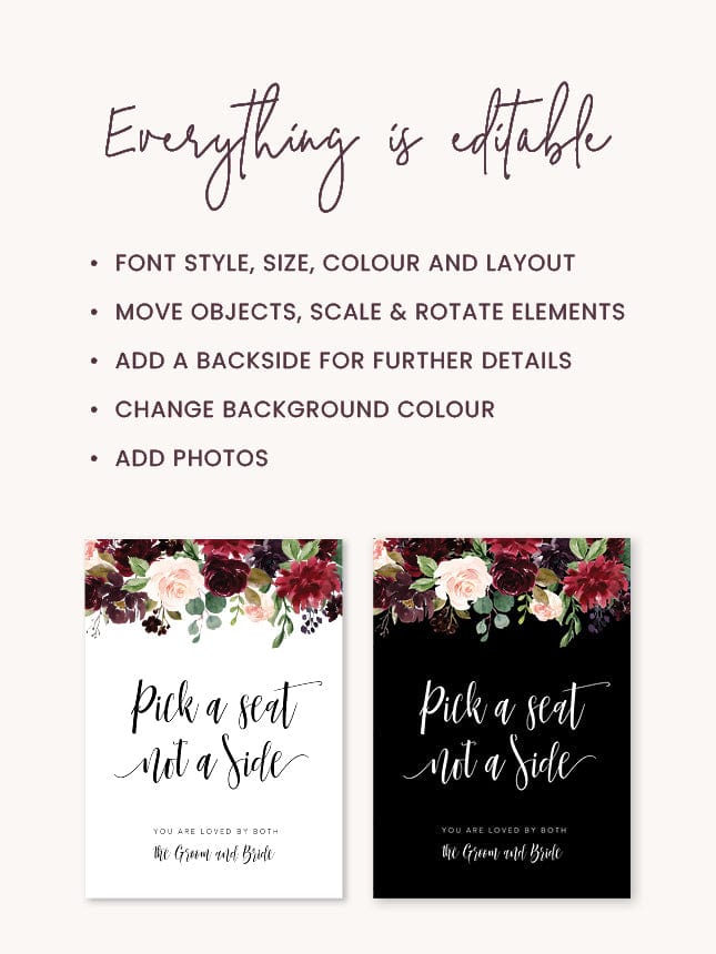 Burgundy Floral Wedding Pick A Seat Not A Side Sign