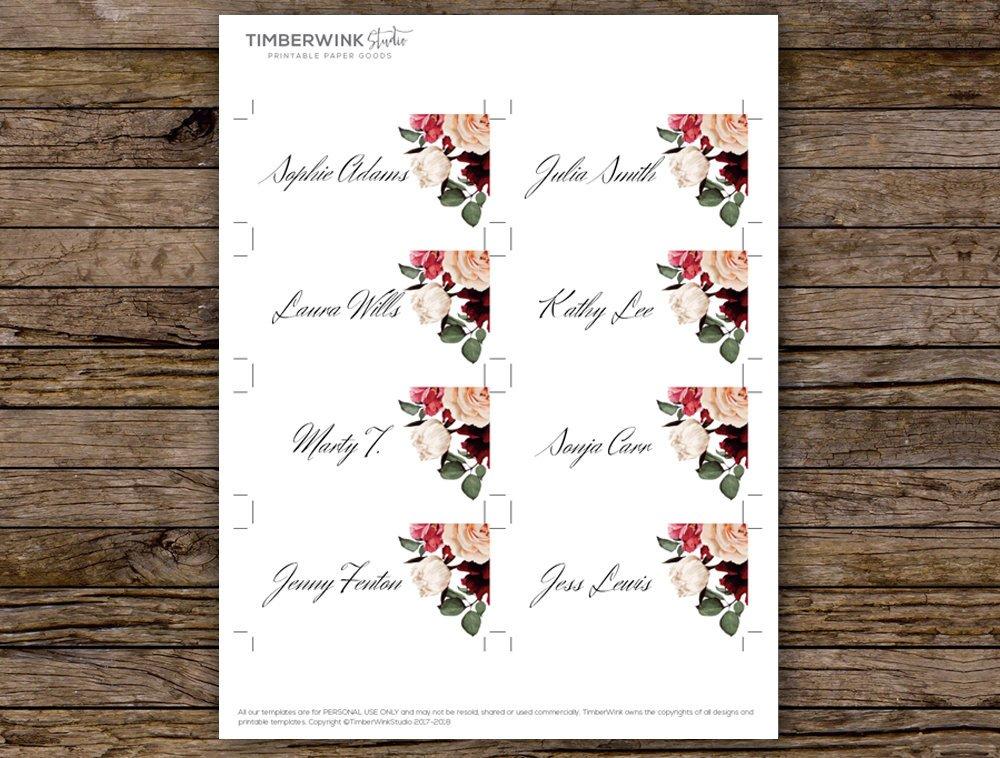 Burgundy Floral Wedding Place Card Printable Template