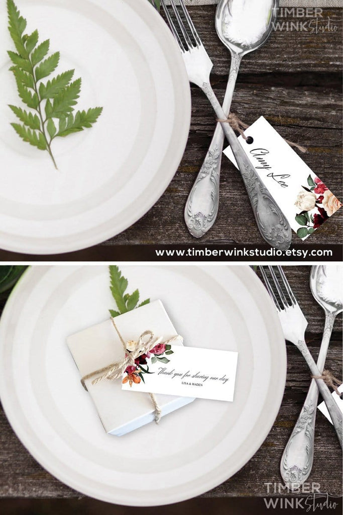 Burgundy Floral Wedding Place Card Printable Template