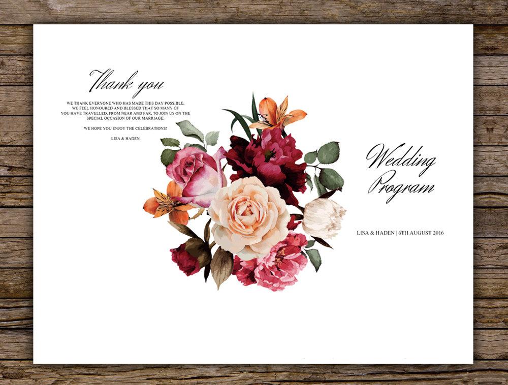 Burgundy Floral Wedding Program Printable Template