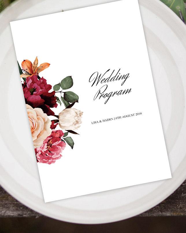 Burgundy Floral Wedding Program Printable Template
