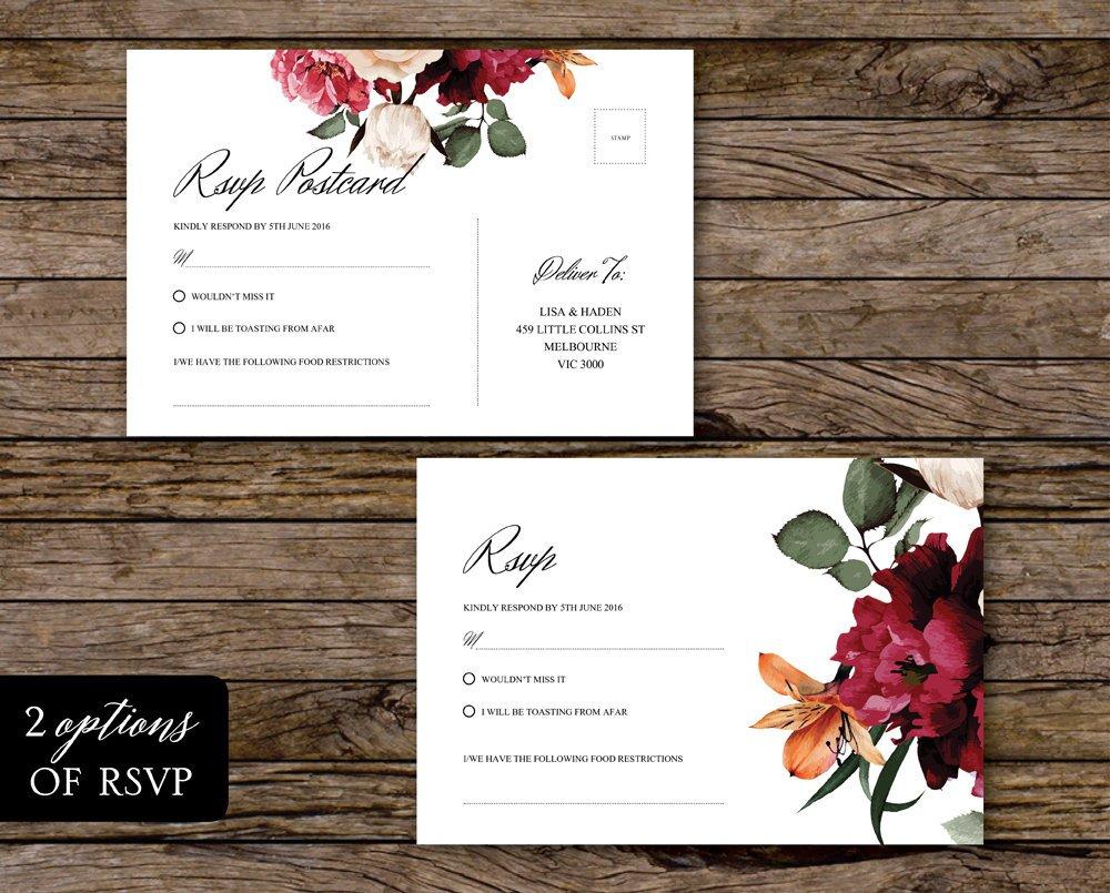 Burgundy Floral Wedding RSVP Card Template