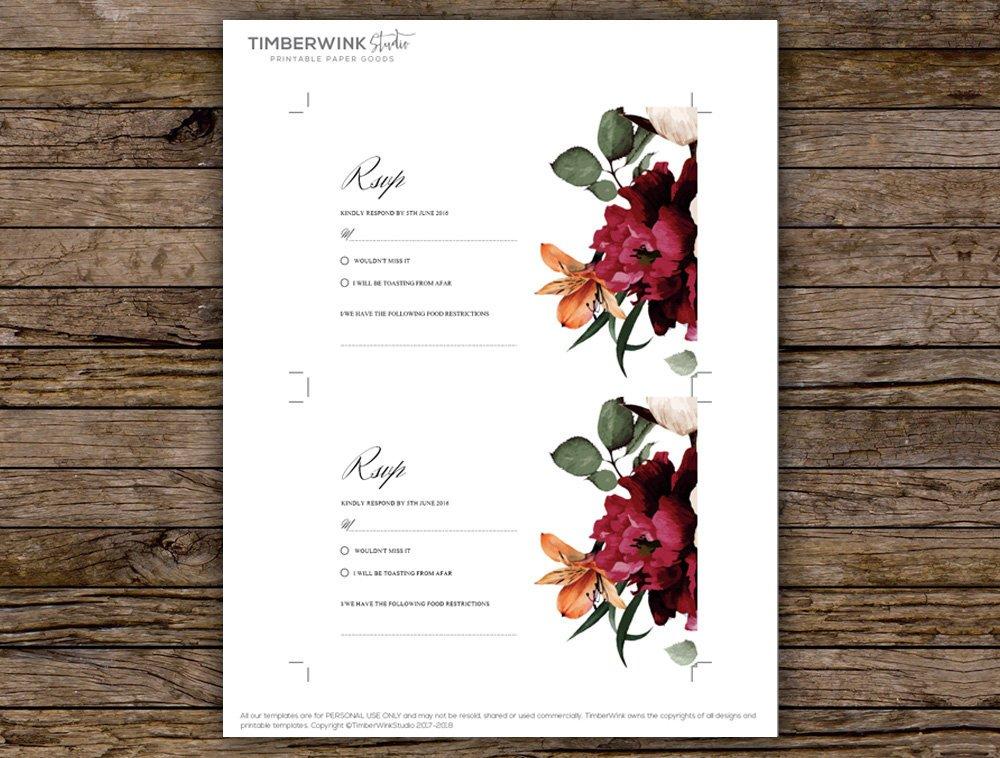 Burgundy Floral Wedding RSVP Card Template