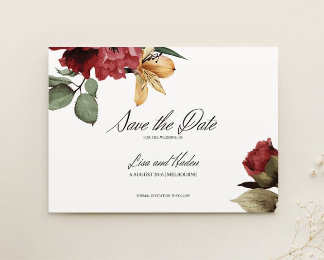Burgundy Floral Wedding Save The Date Card Template – TimberWink Studio AU