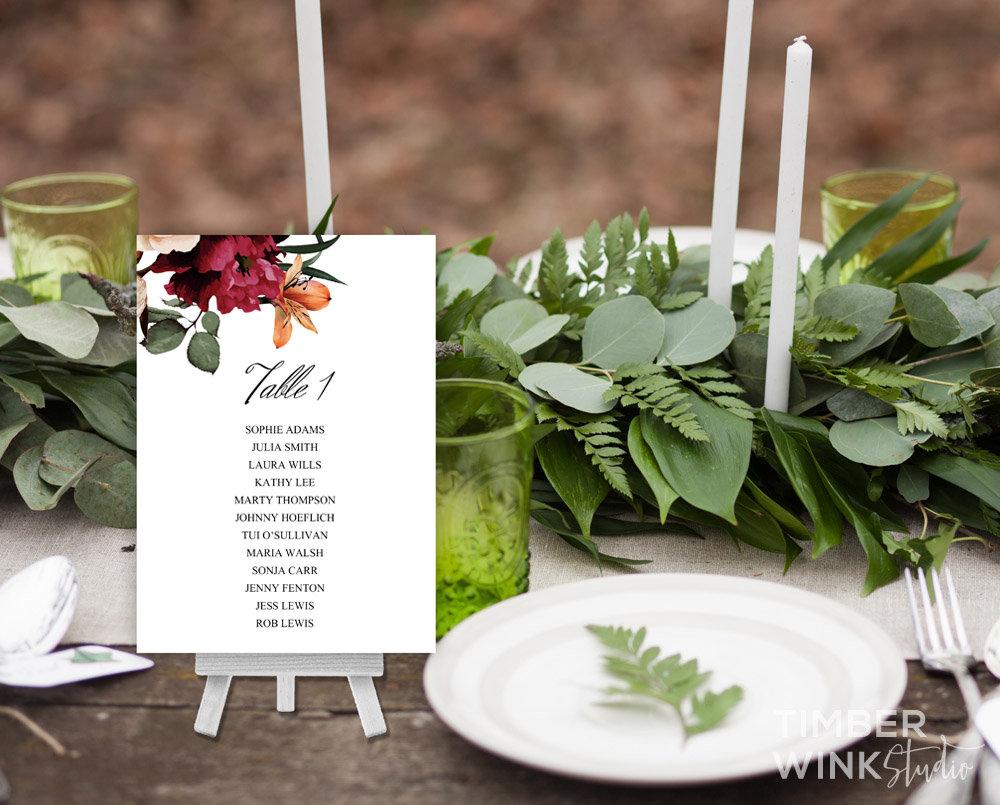 Burgundy Floral Wedding Seating Plan Printable Template
