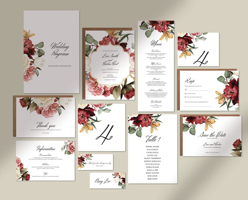 Burgundy Floral Wedding Stationery Set