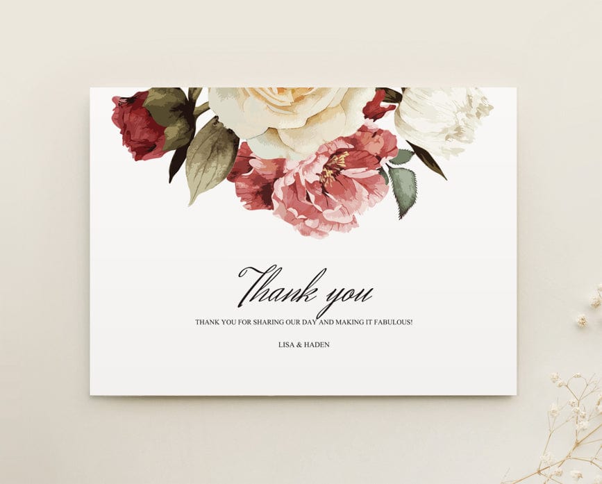 Burgundy Floral Wedding Thank You Card Template