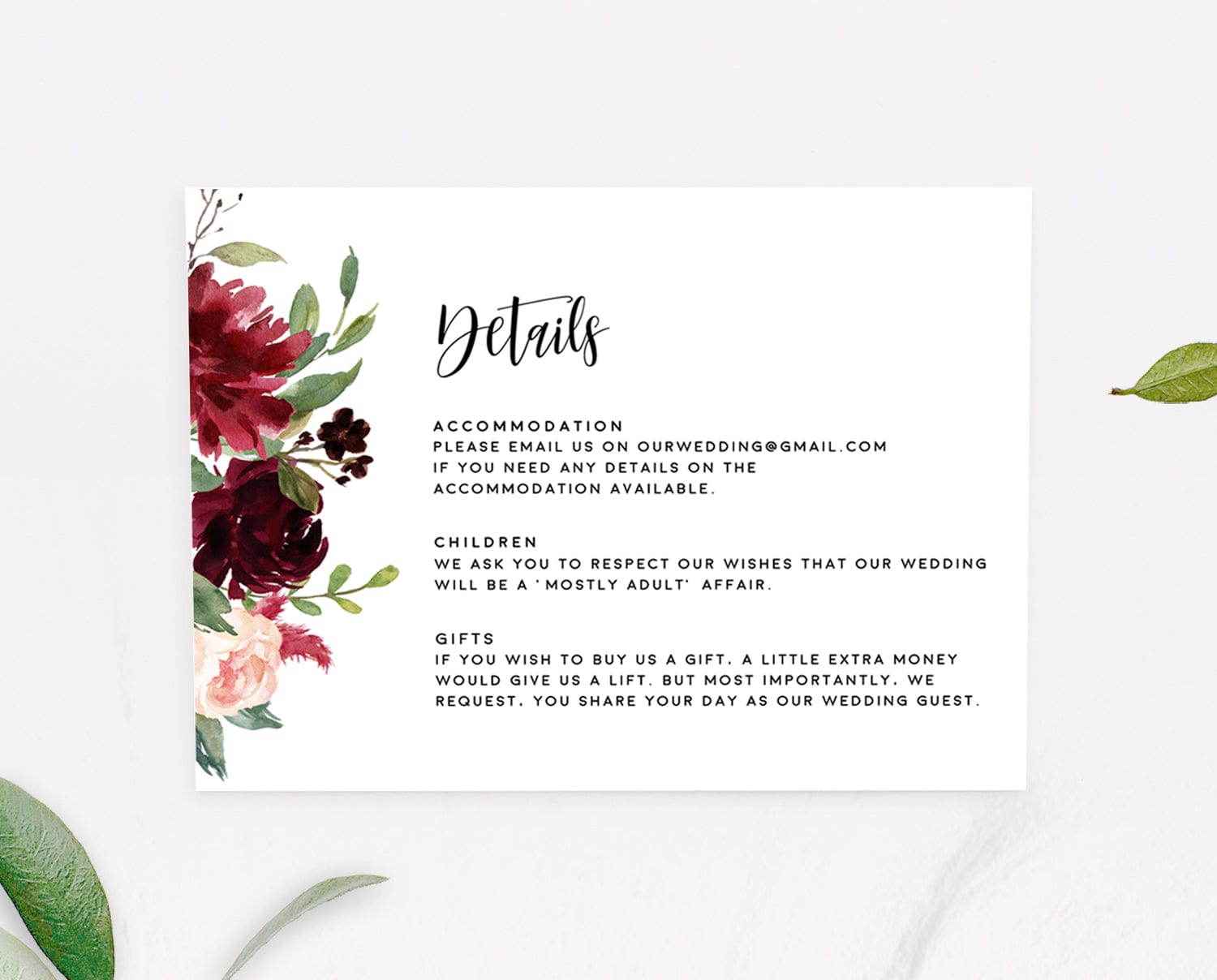 Marsala Wedding Details Card