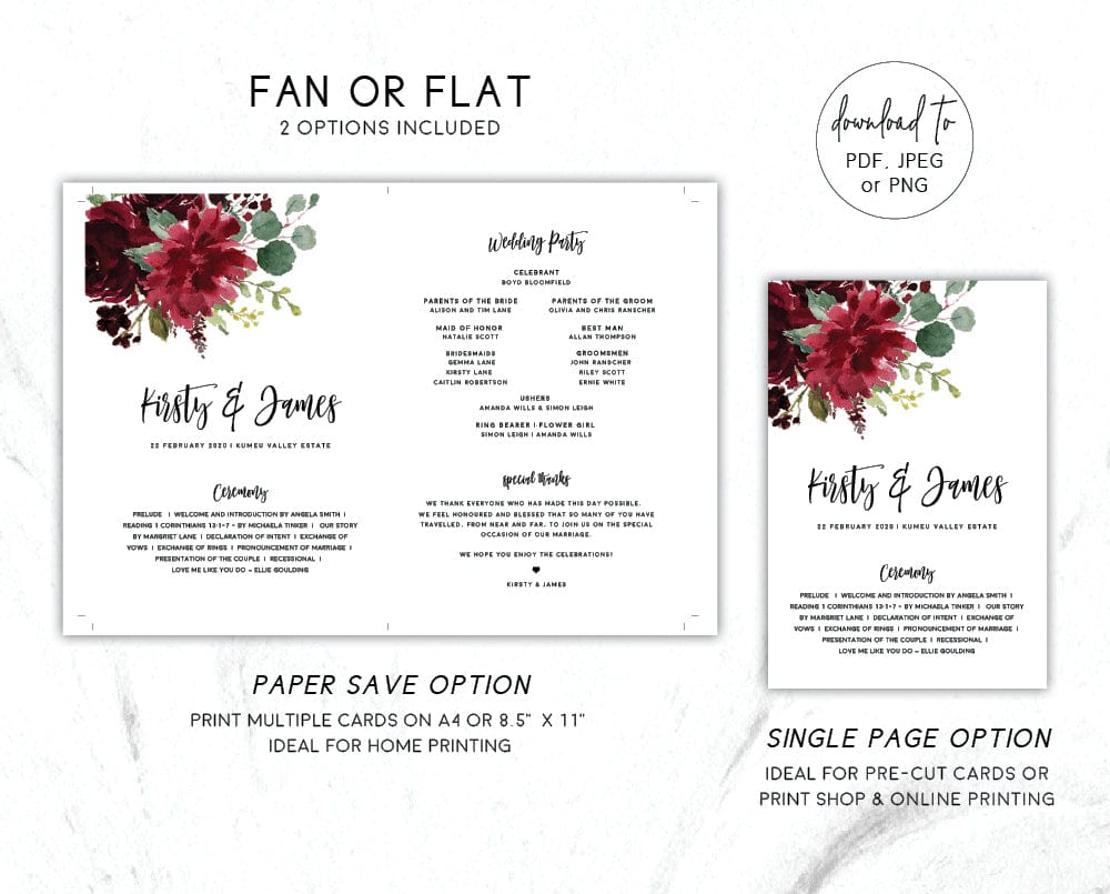 Burgundy Wedding Fan Program Template