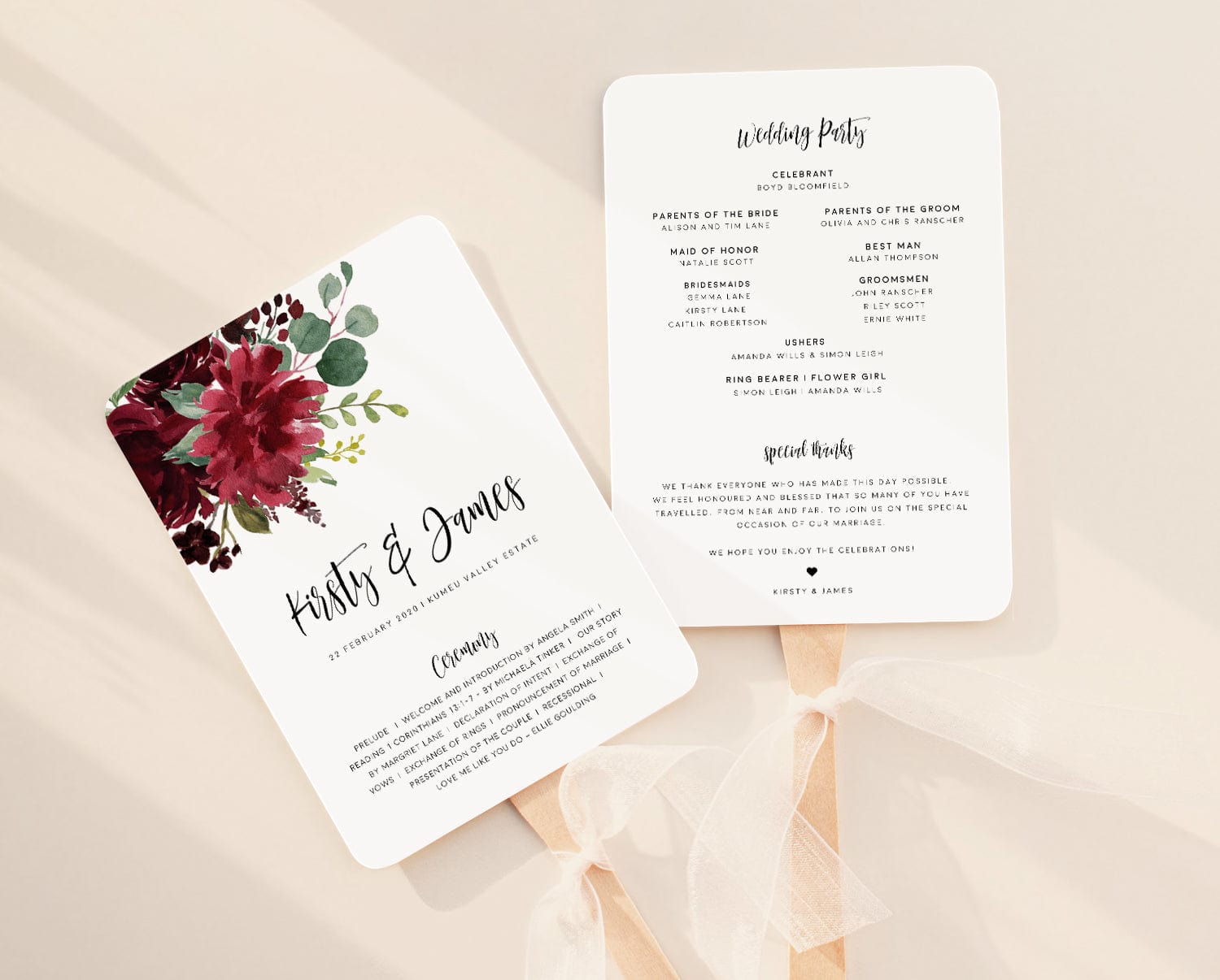 Burgundy Wedding Fan Program Template