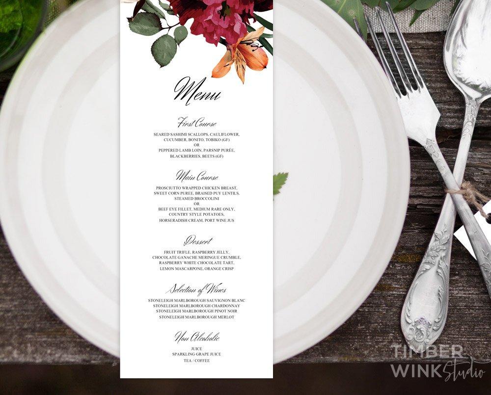 Burgundy Floral Wedding Menu Card Printable Template Instant Download PDF