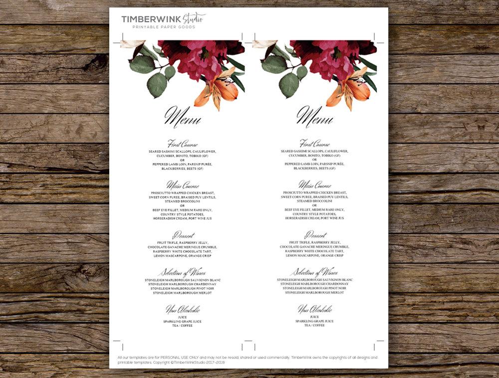 Burgundy Wedding Menu Printable Template