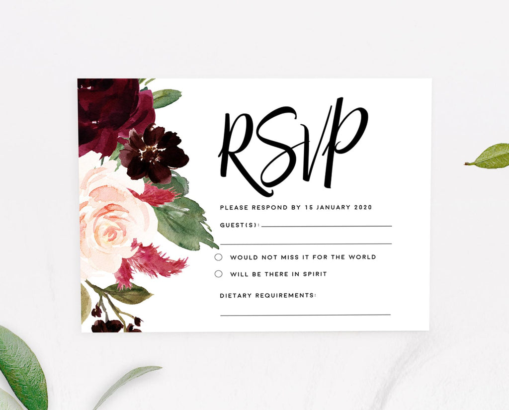 Burgundy Wedding RSVP Card Template