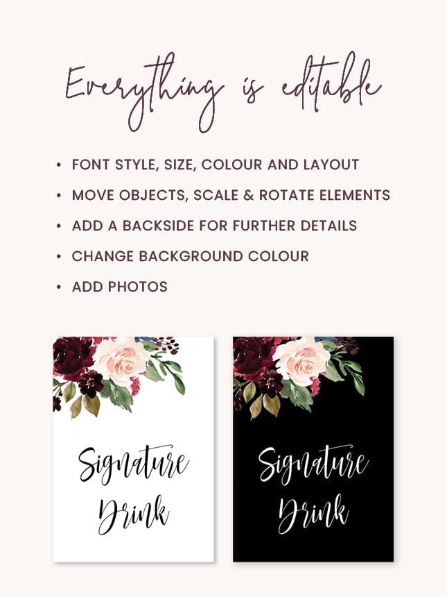 Burgundy Wedding Signature Drink Sign Template