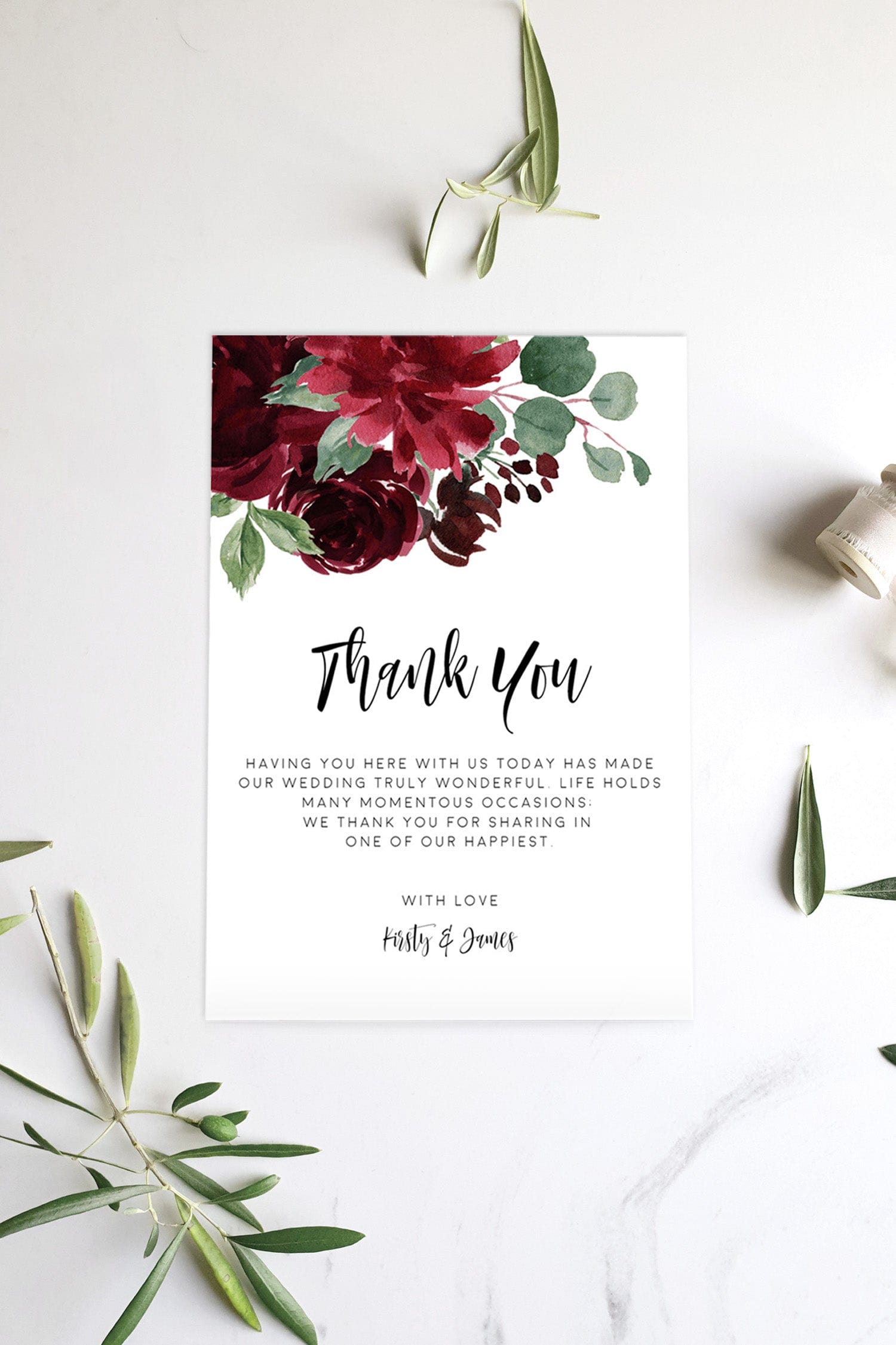 Burgundy Wedding Thank You Card Template