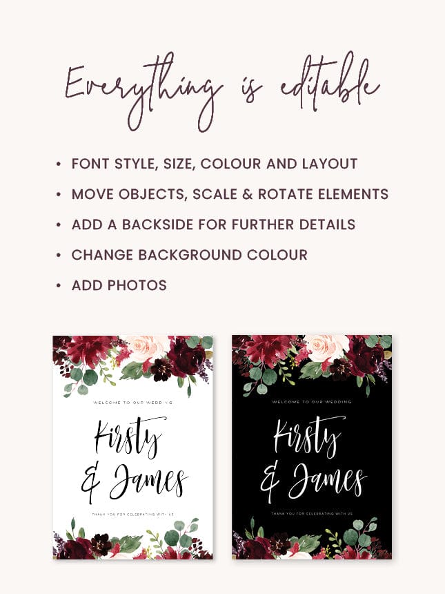 Burgundy Wedding Welcome Sign Template