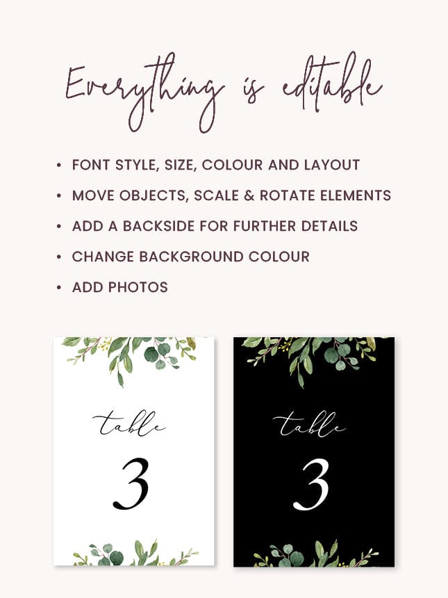 Eucalyptus Wedding Table Number Card Template