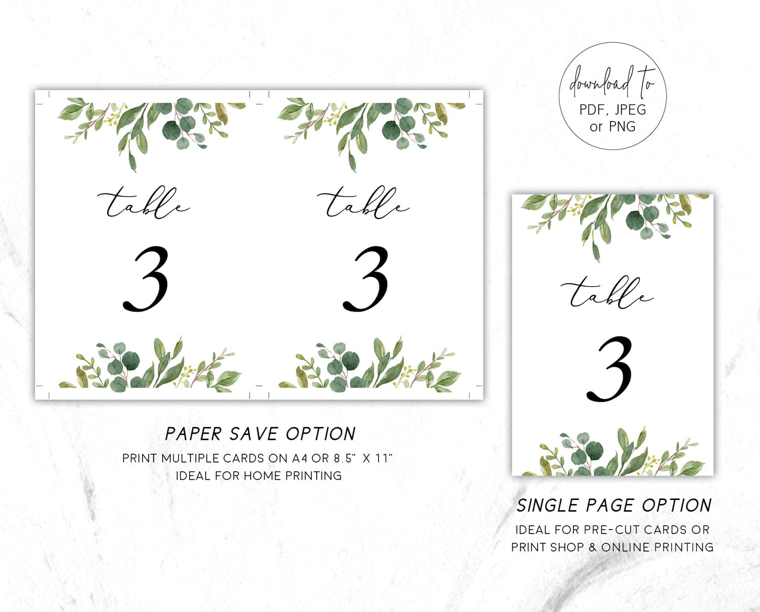 Eucalyptus Wedding Table Number Card Template