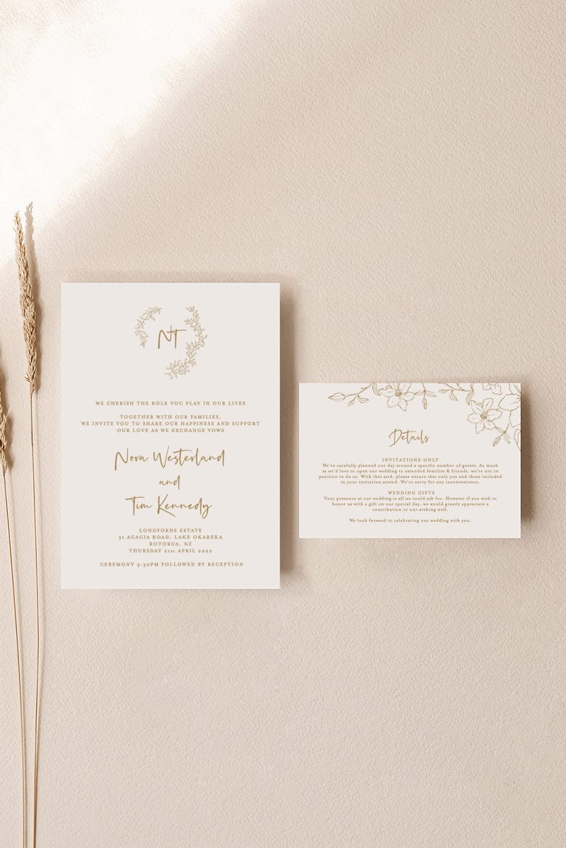 monogram wedding invitation with details card