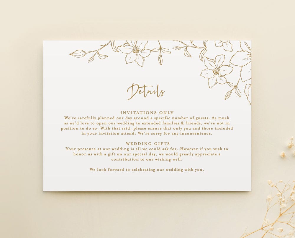 gold floral wedding details card