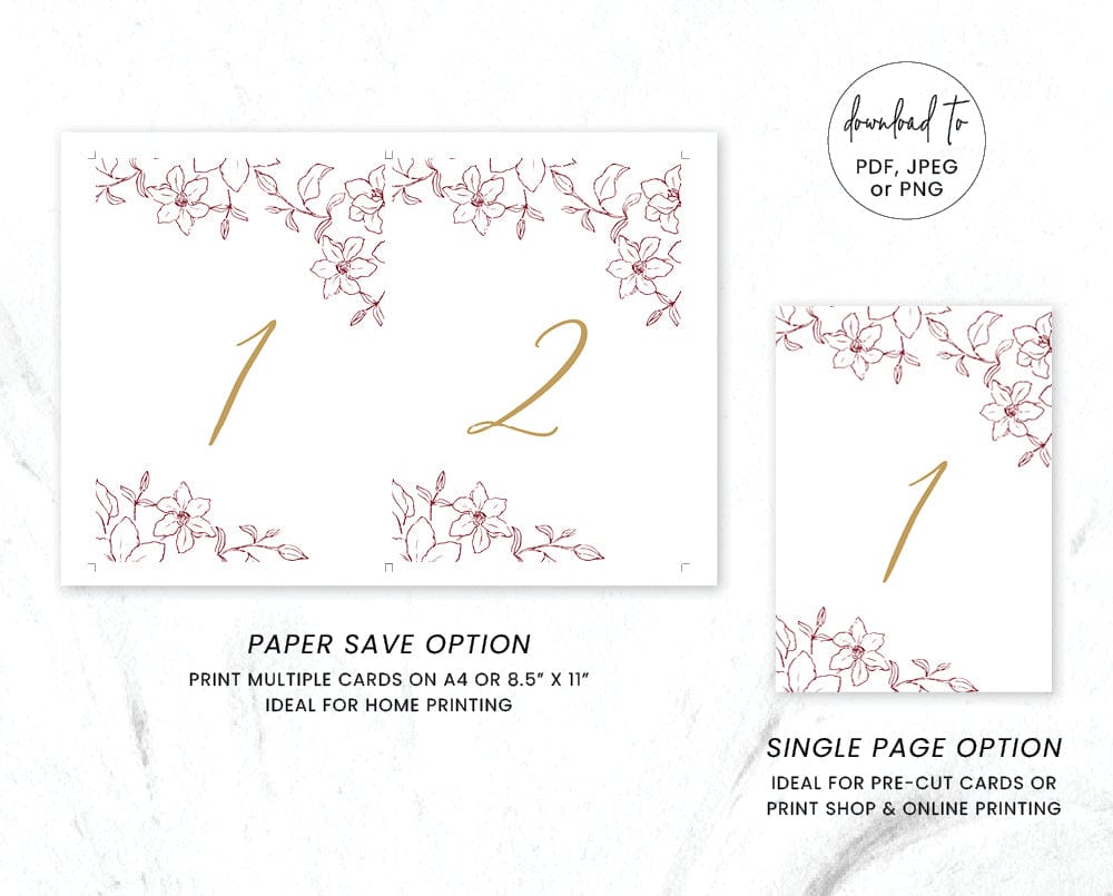 Floral Wedding Table Number Card Template