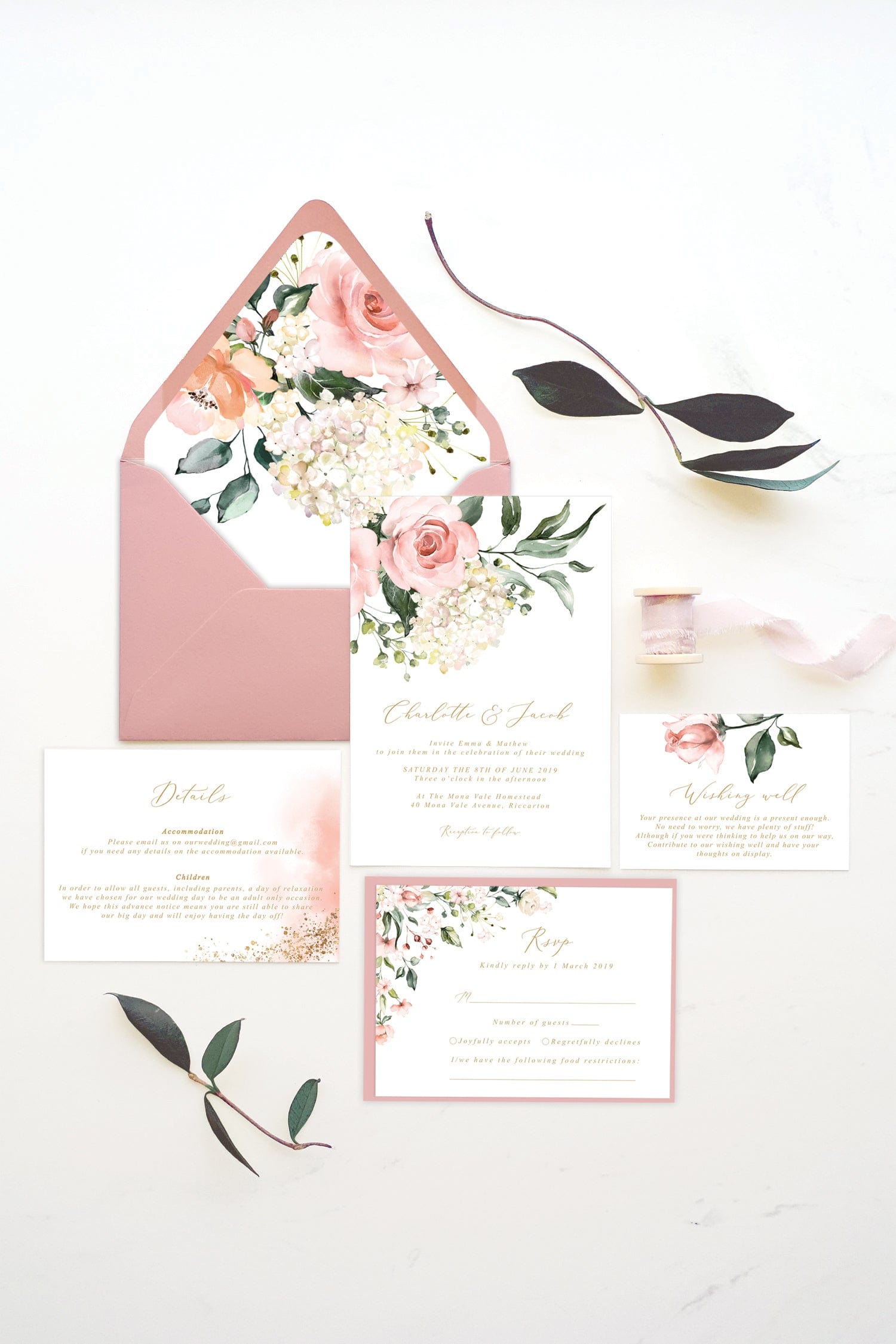 hydrangea wedding invitation with details card