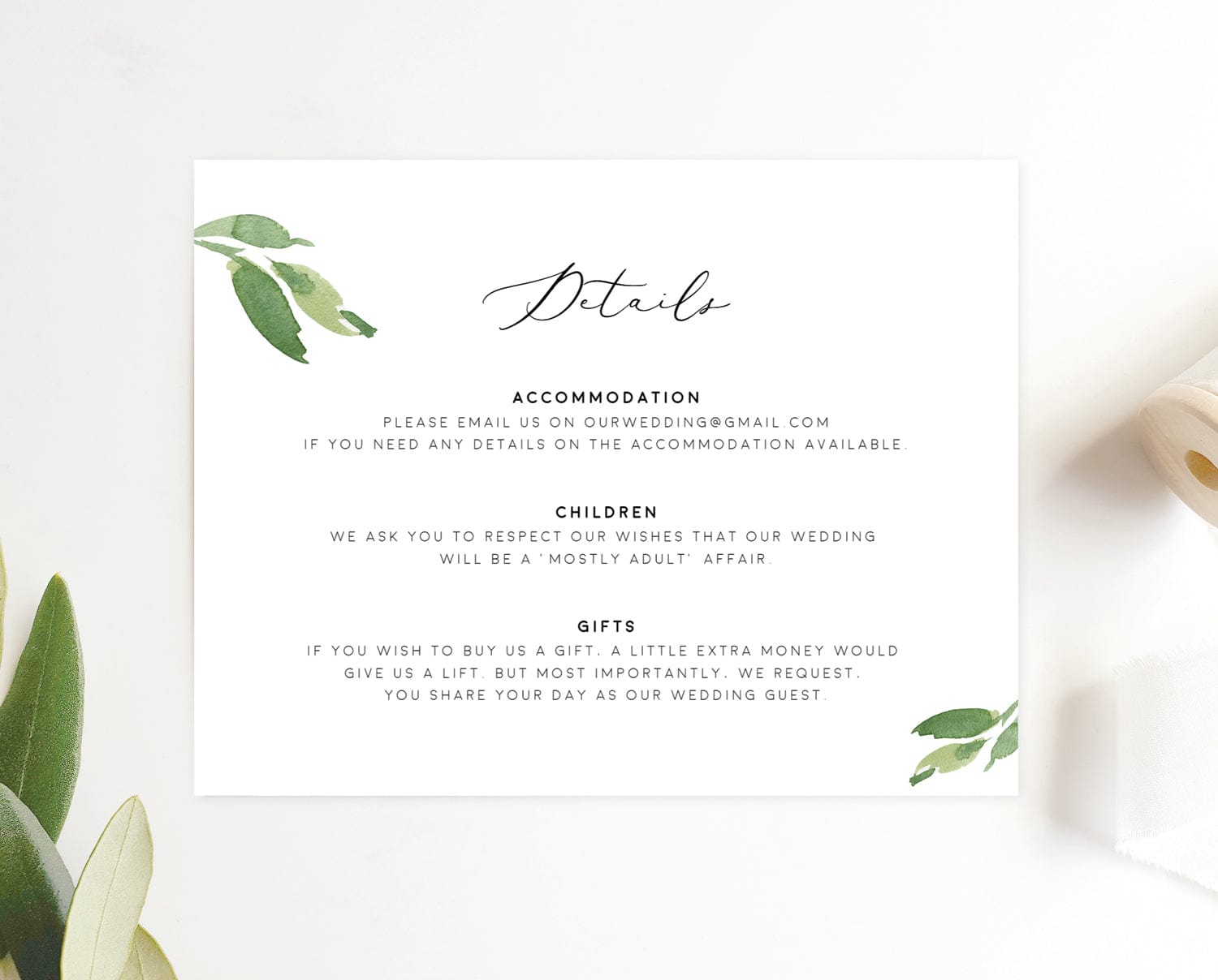 Greenery wedding details card