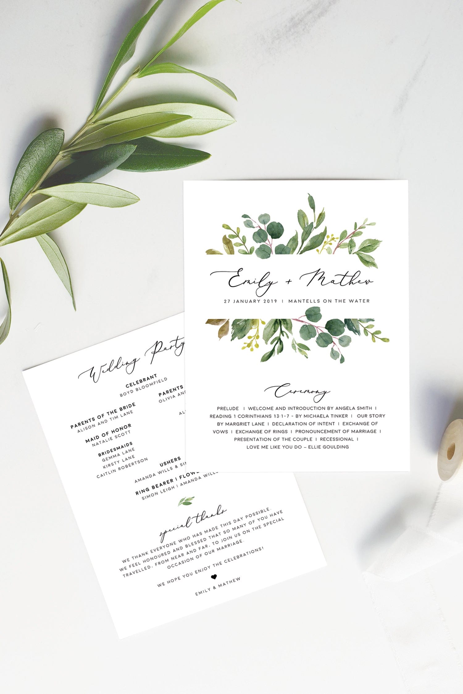 Greenery Wedding Fan Program Template