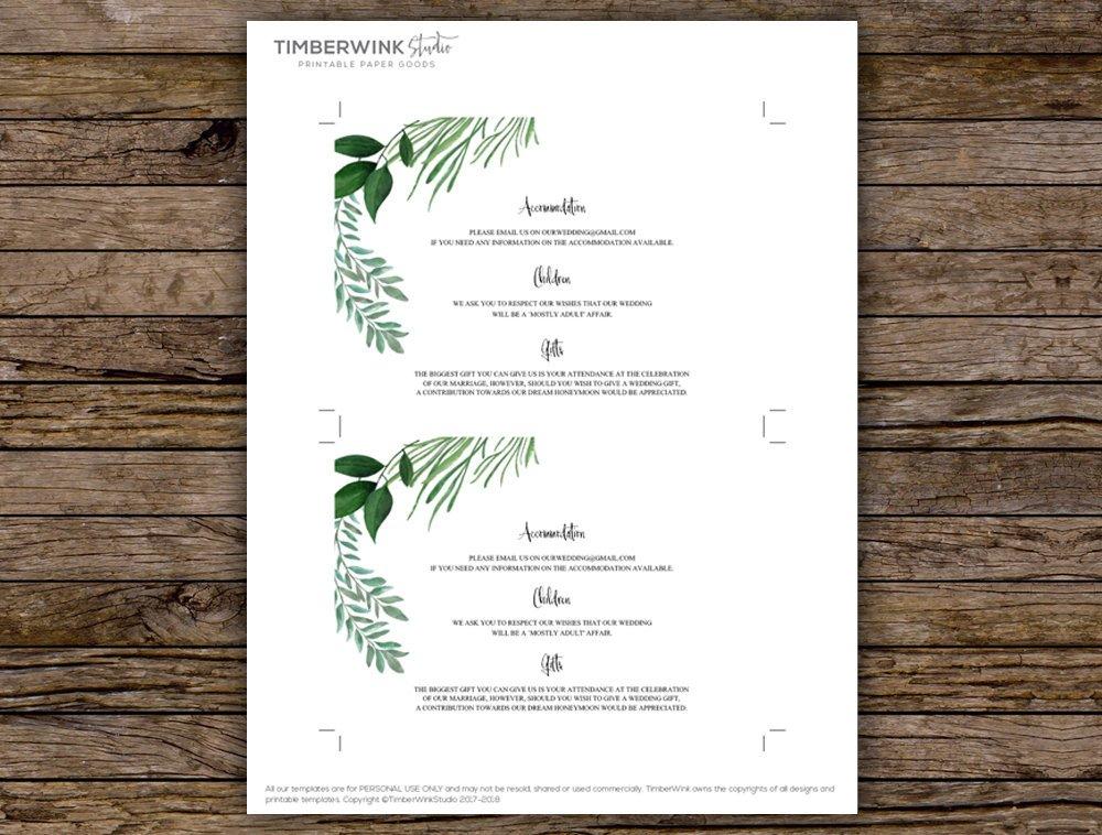 Greenery Wedding Info Card Printable Template