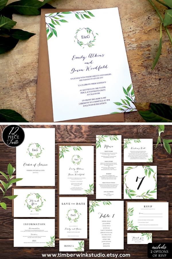 Greenery Wedding Invitation Printable Suite
