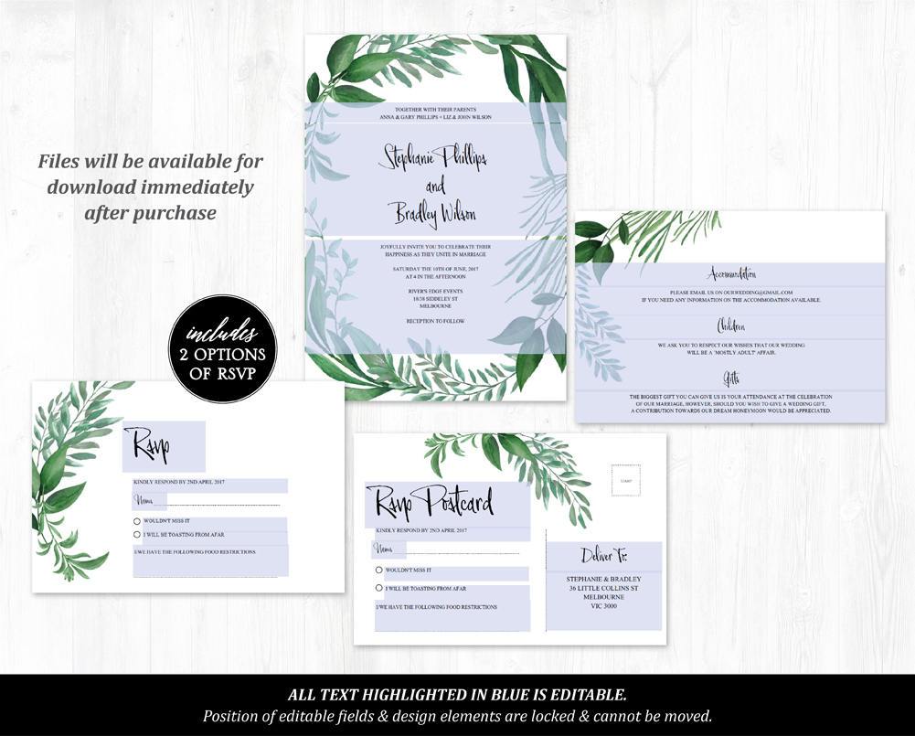 Greenery Wedding Invitation Set Printable Template